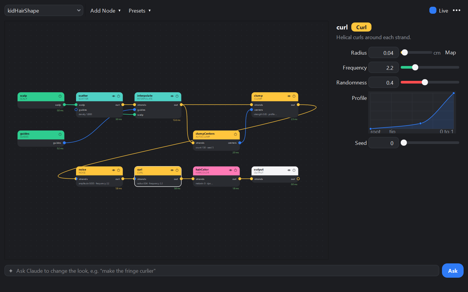 The GroomLab Graph Editor with a look built from nodes